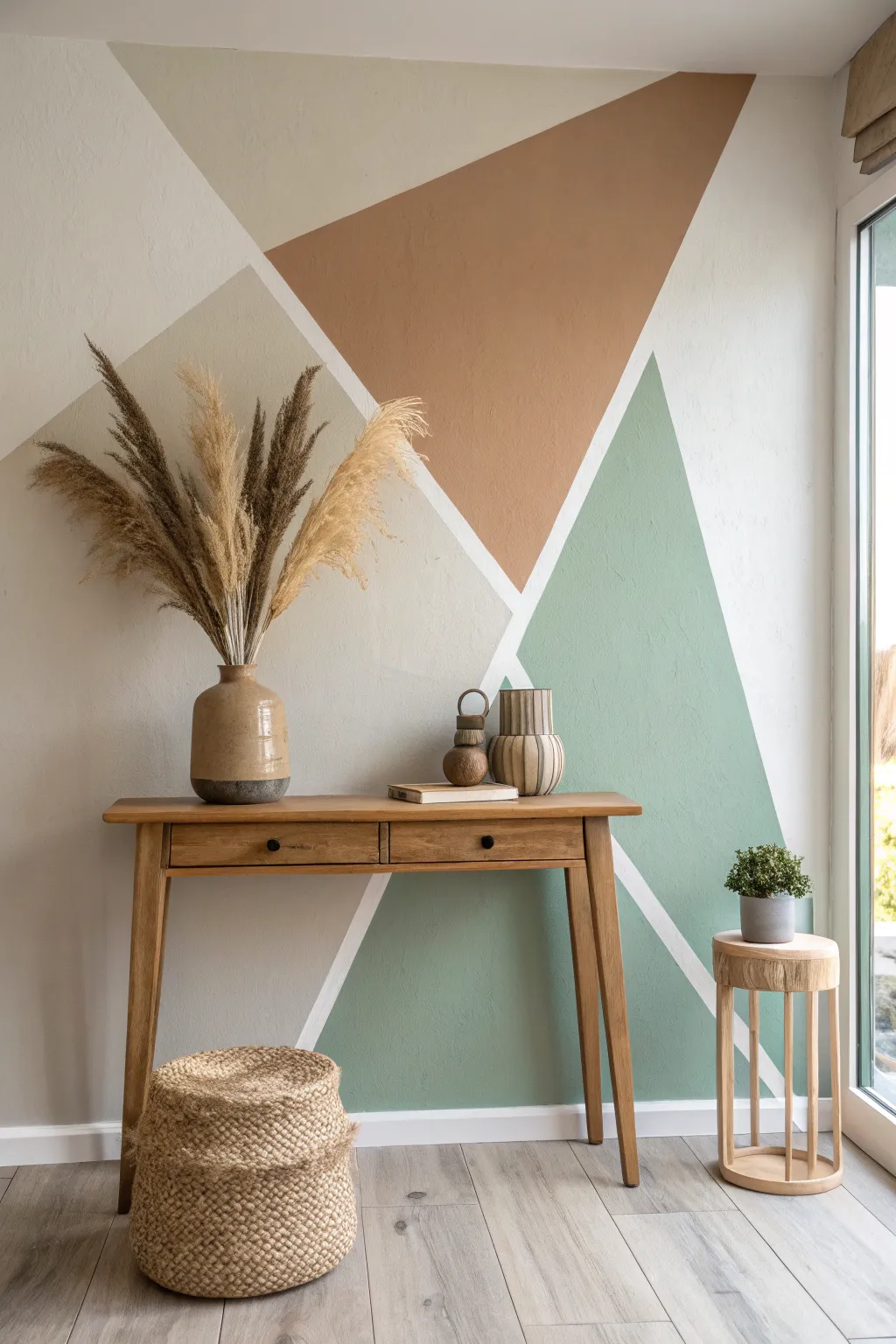 Geometric color blocks frame a simple console table, letting painted walls replace wall art.