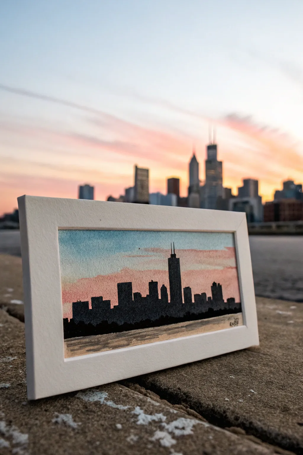 Minimal skyline silhouette across a glowing sunset wash, ideal for chic horizontal painting ideas