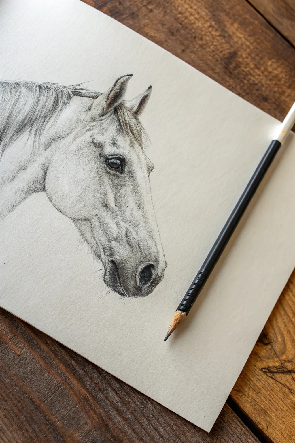 Graphite horse muzzle shading study with soft nostrils, velvety gradients, and delicate whisker dots.