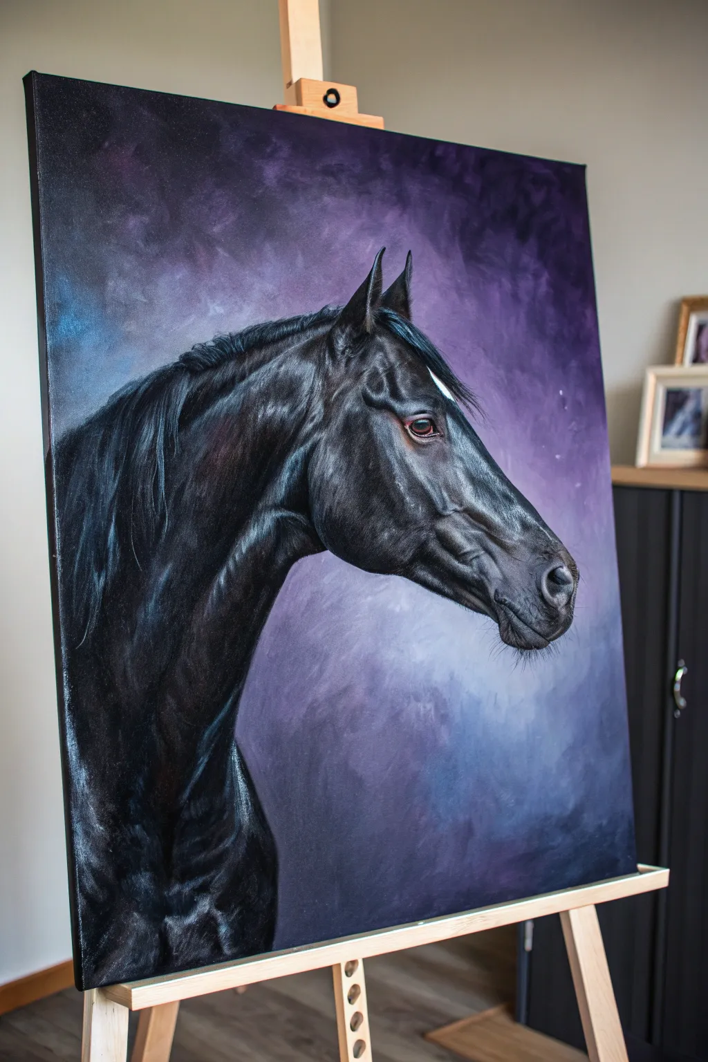 Moody black horse portrait with cool blue-purple sheen highlights on a deep indigo backdrop.