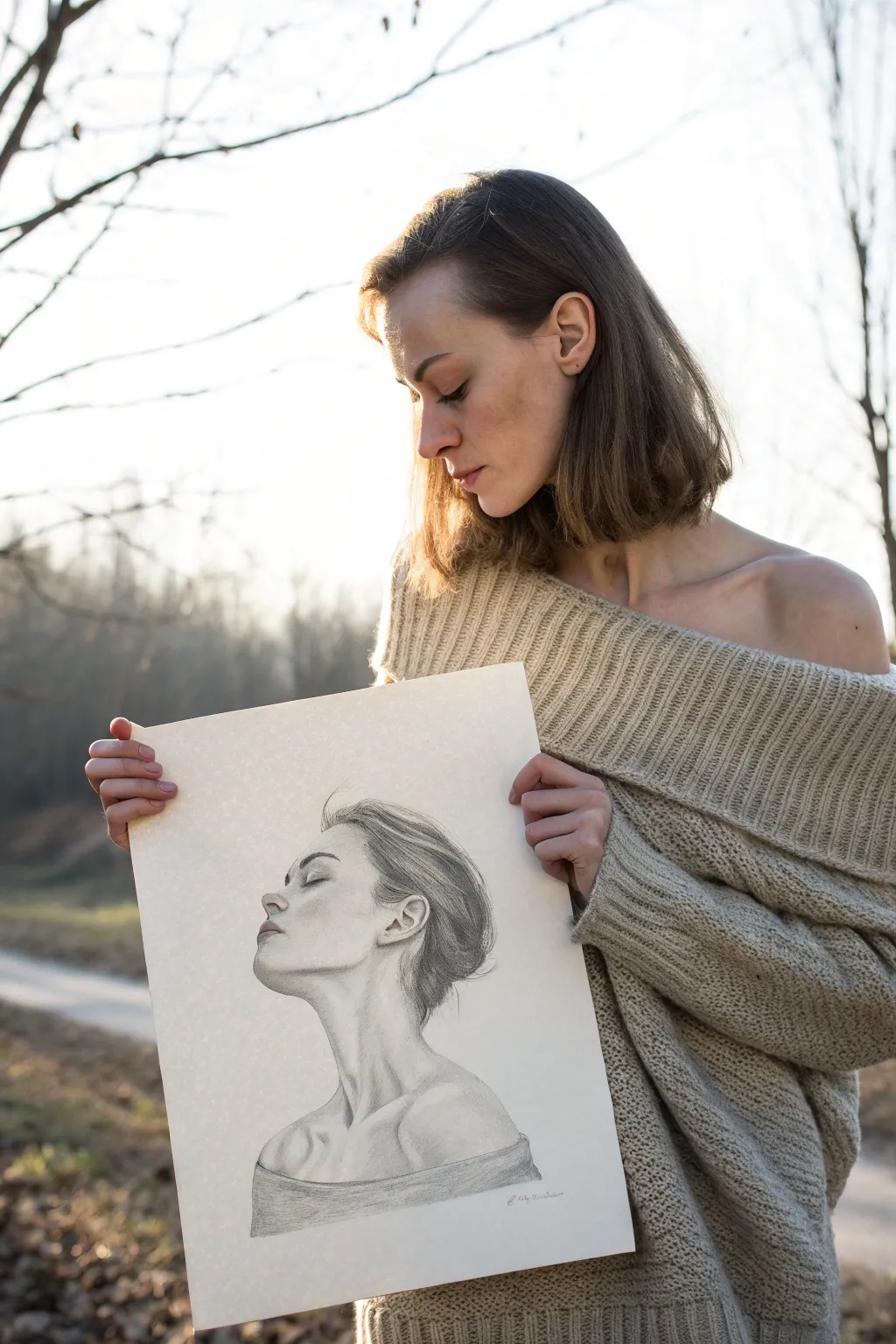 Minimal off-shoulder sweater sketch with luminous collarbones and soft shadow for contrast