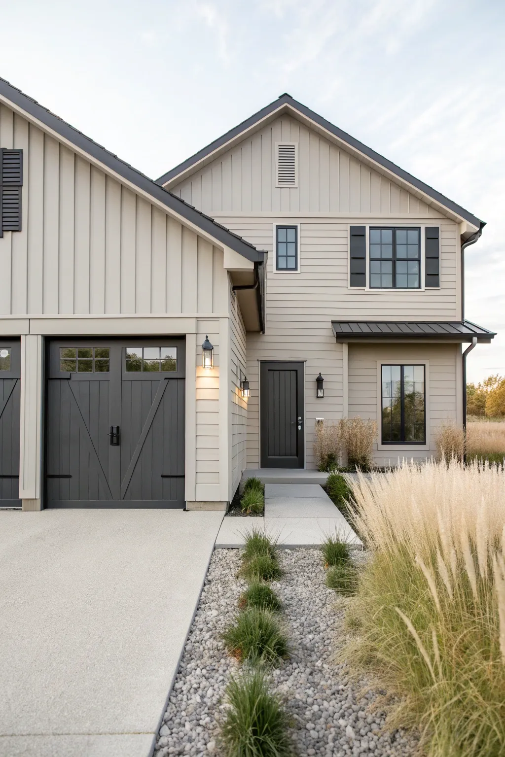 Greige facade with charcoal accents for a calm, modern curb appeal with crisp contrast