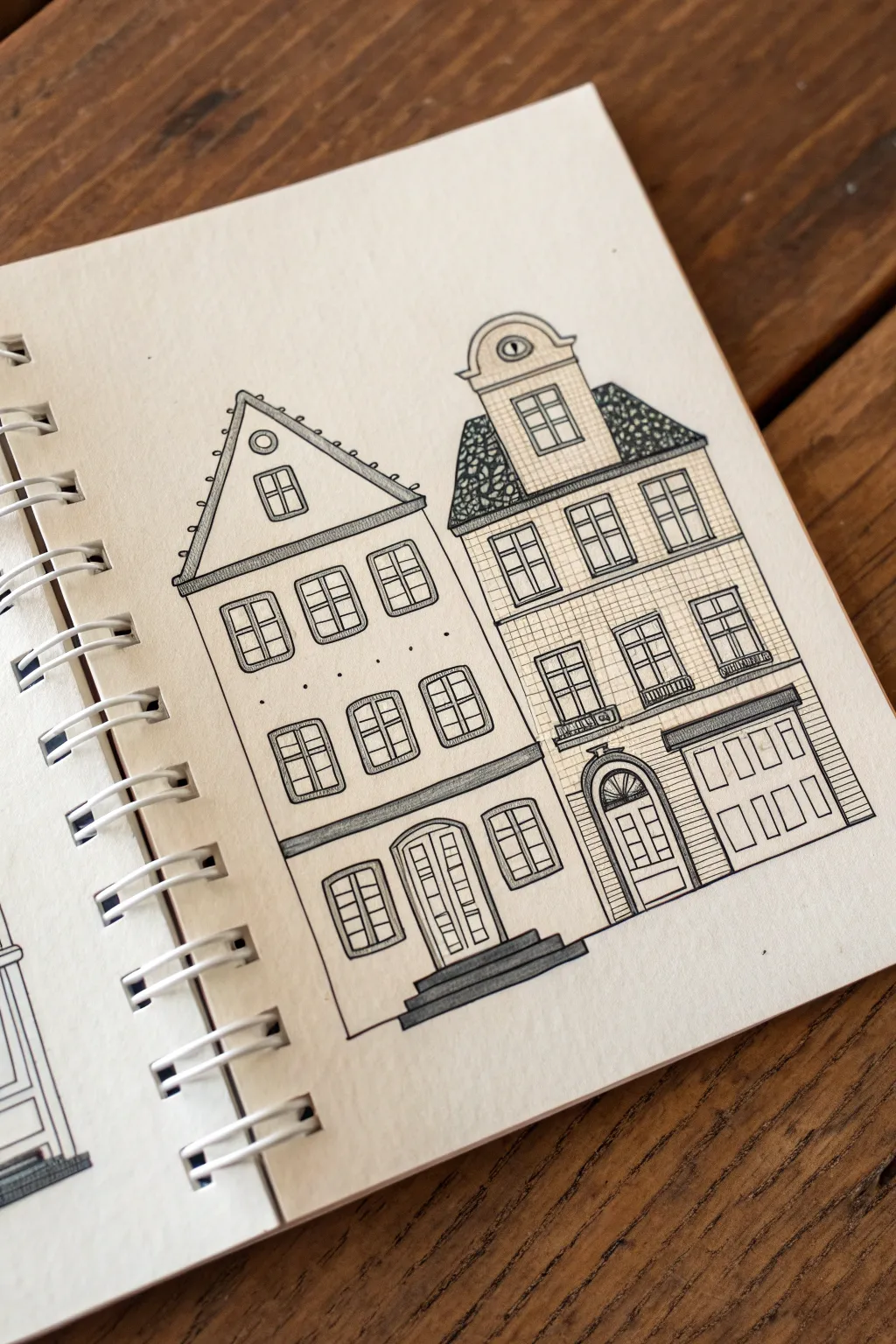 Minimalist townhouse row sketch for repeating shapes practice, with subtle roofline variations