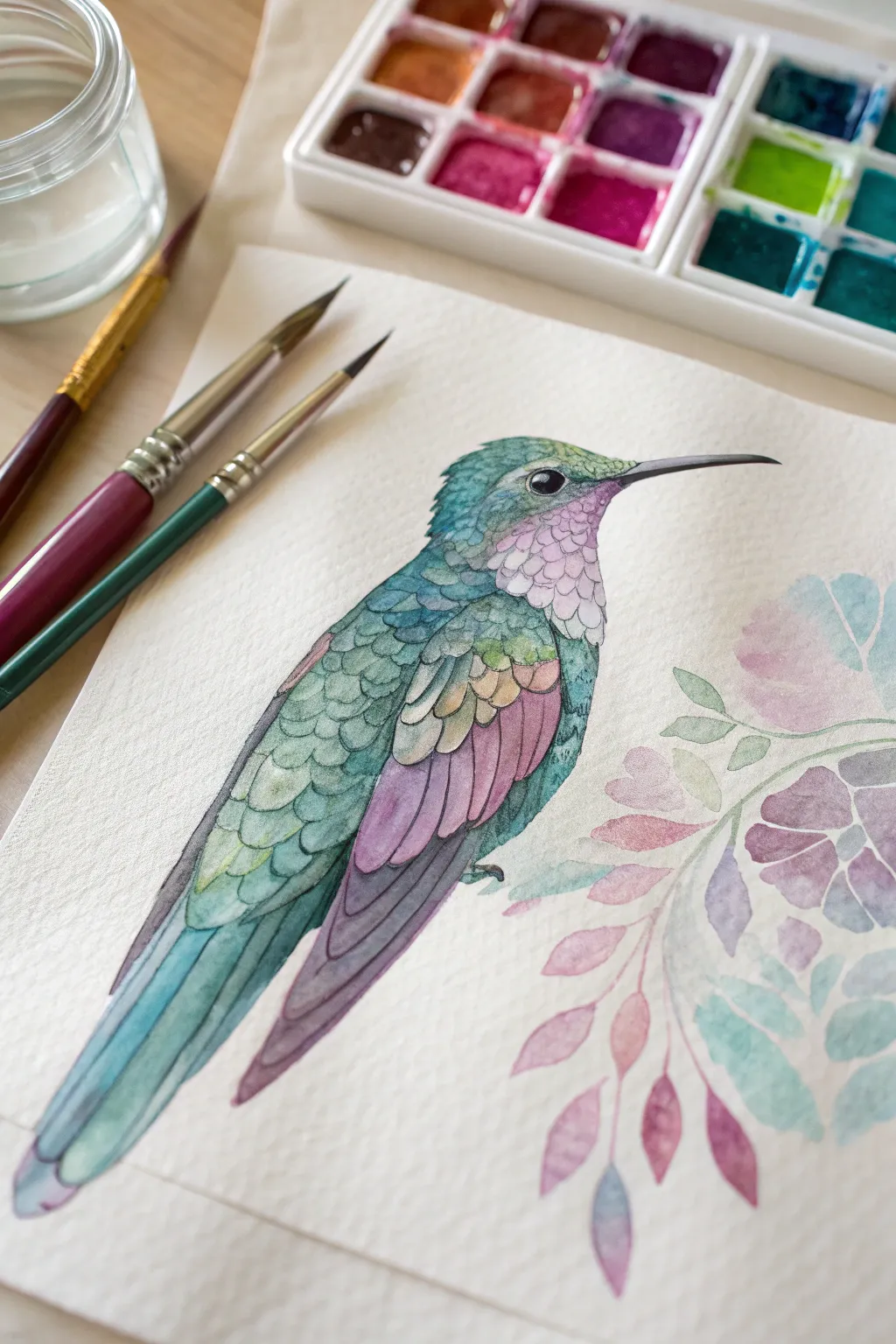 Layer transparent glazes to capture shimmering hummingbird plumage in a calm minimalist study
