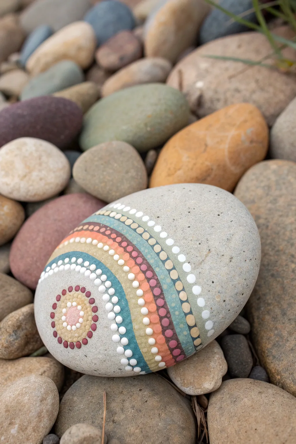 Clean rainbow dot bands on a smooth rock, minimalist boho vibes for easy painting inspiration.