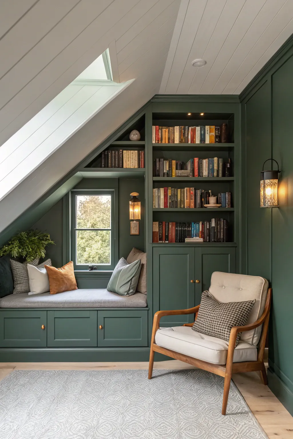 Deep painted ceiling and built-ins create a warm, cocoon-like reading nook with moody contrast.
