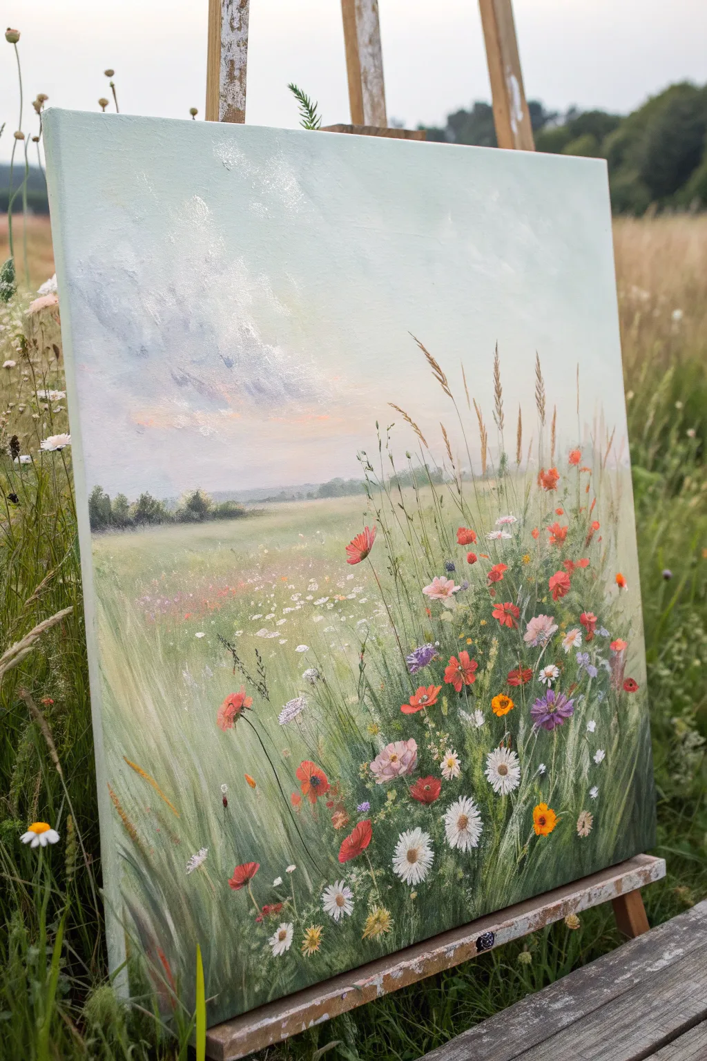 Loose wildflower dabs on a soft green meadow canvas, minimalist Scandinavian charm with boho color pops