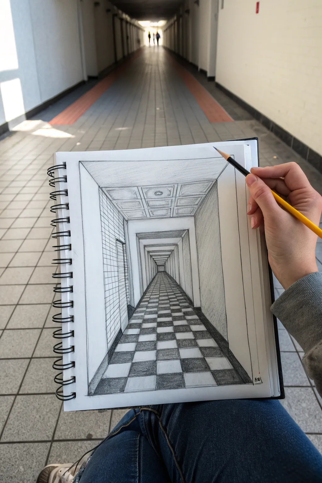 Create a deep hallway illusion with bold one point perspective and a shadowed vanishing point