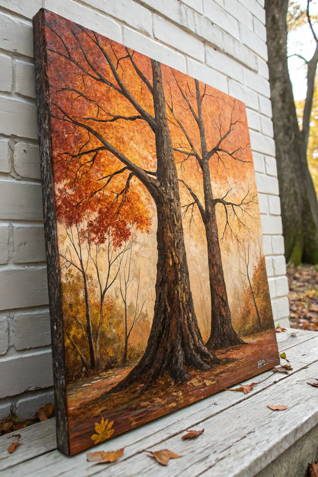 Autumn tree trunks in bold impasto, bark-like knife ridges and warm leaf strokes with clean contrast.