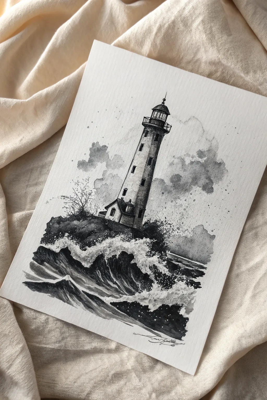Bold India ink lighthouse in storm waves, with a crisp white beam carved from negative space.