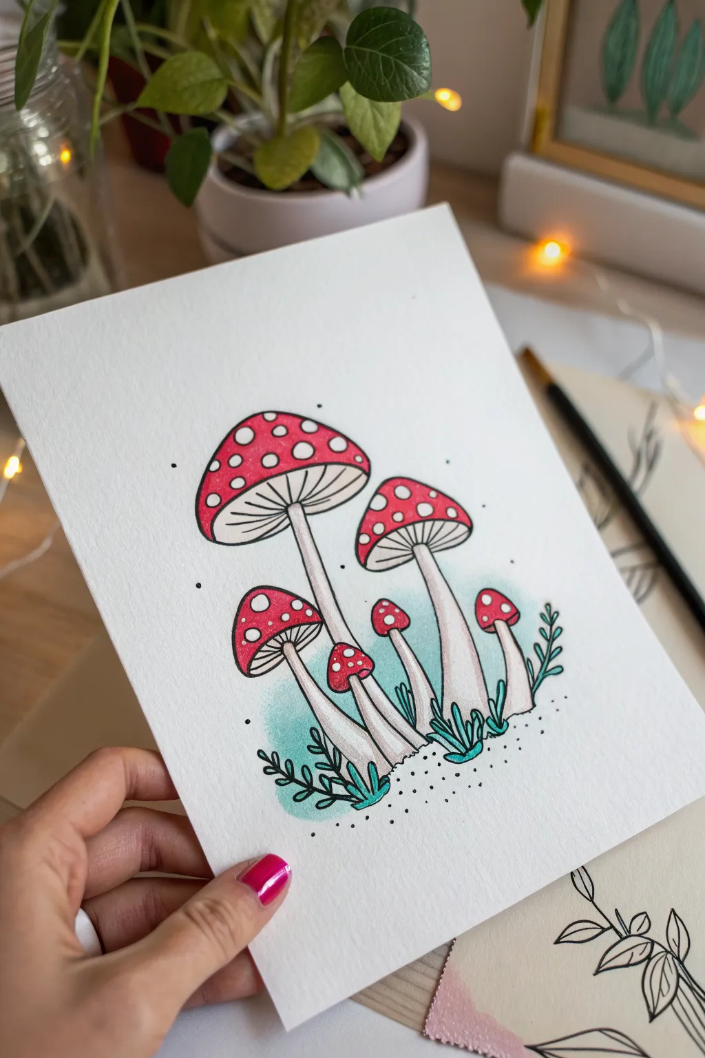 Neon mushroom cluster in minimalist indie style, bold outlines and playful neon pops.