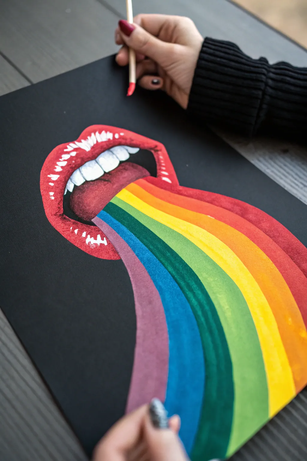 Indie lips with a vivid rainbow spill, minimalist boho craftsmanship on a high-contrast black