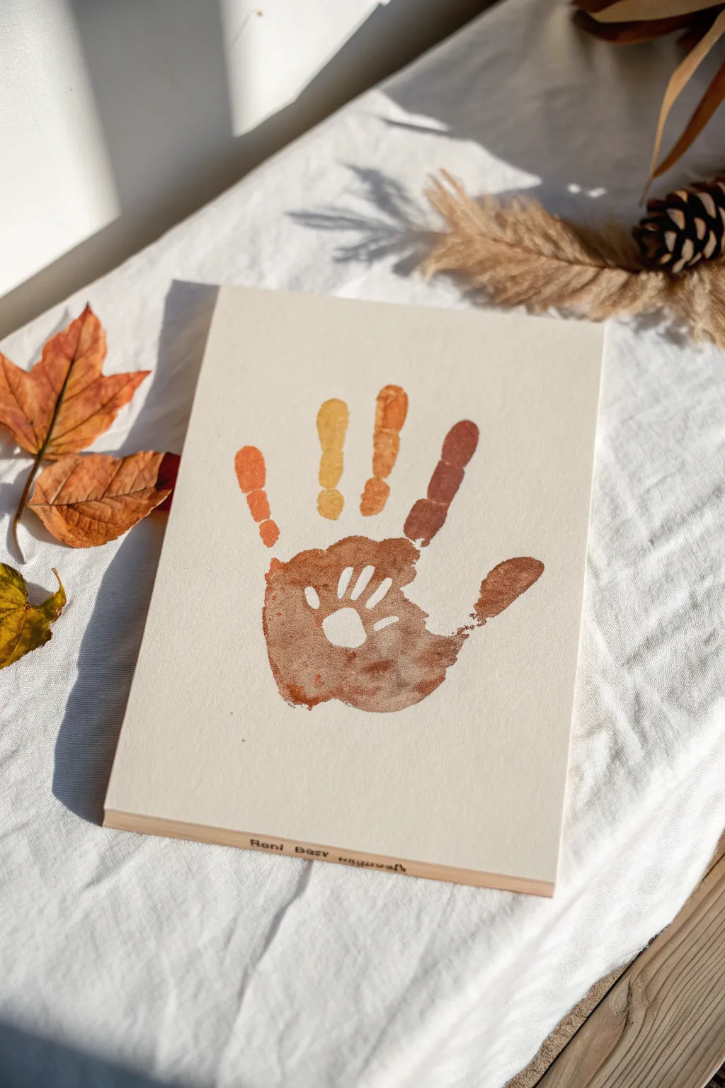 Warm autumn baby handprint turkey on neutral cardstock, a minimalist keepsake for cozy fall days.