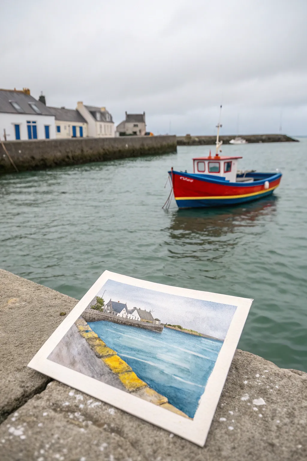 Paint a calm Irish harbor: one vivid boat in red, blue, and yellow on misty gray water.