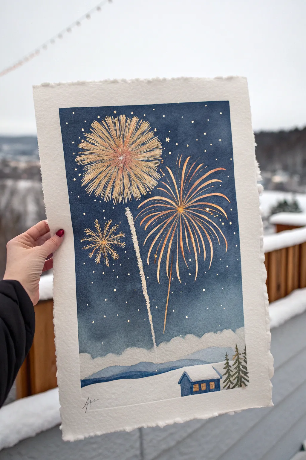 Minimal January night sky: one bold New Year firework burst above quiet snowy rooftops