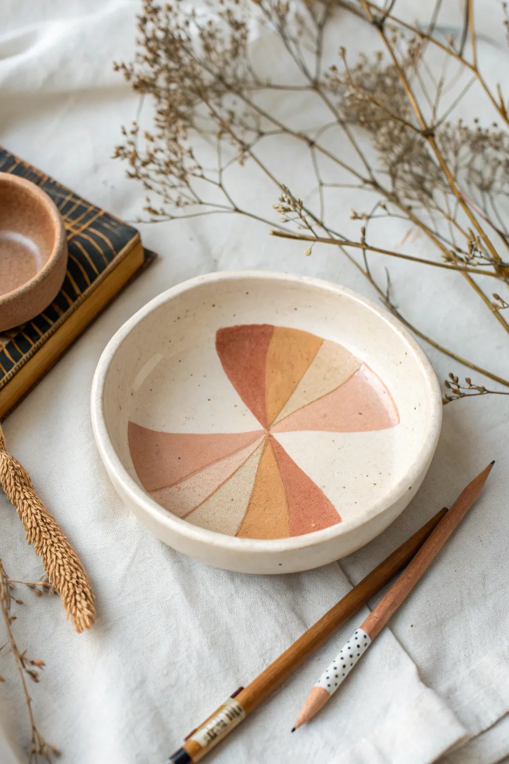 Modern arch rainbow jewelry dish in warm earthy tones, minimal Scandinavian with boho charm