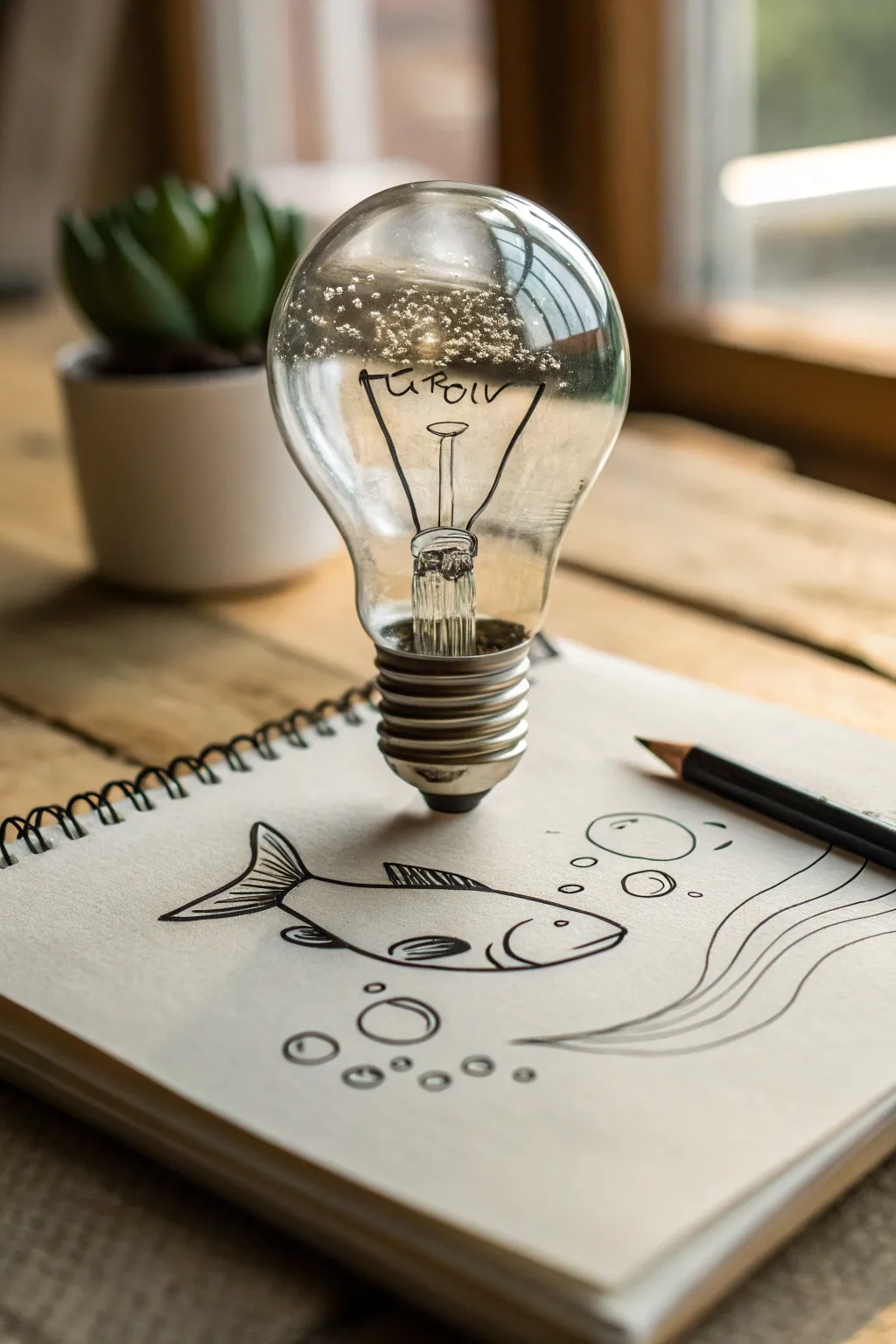 Easy juxtaposition sketch: a fish drifting inside a lightbulb aquarium, clean and minimal.