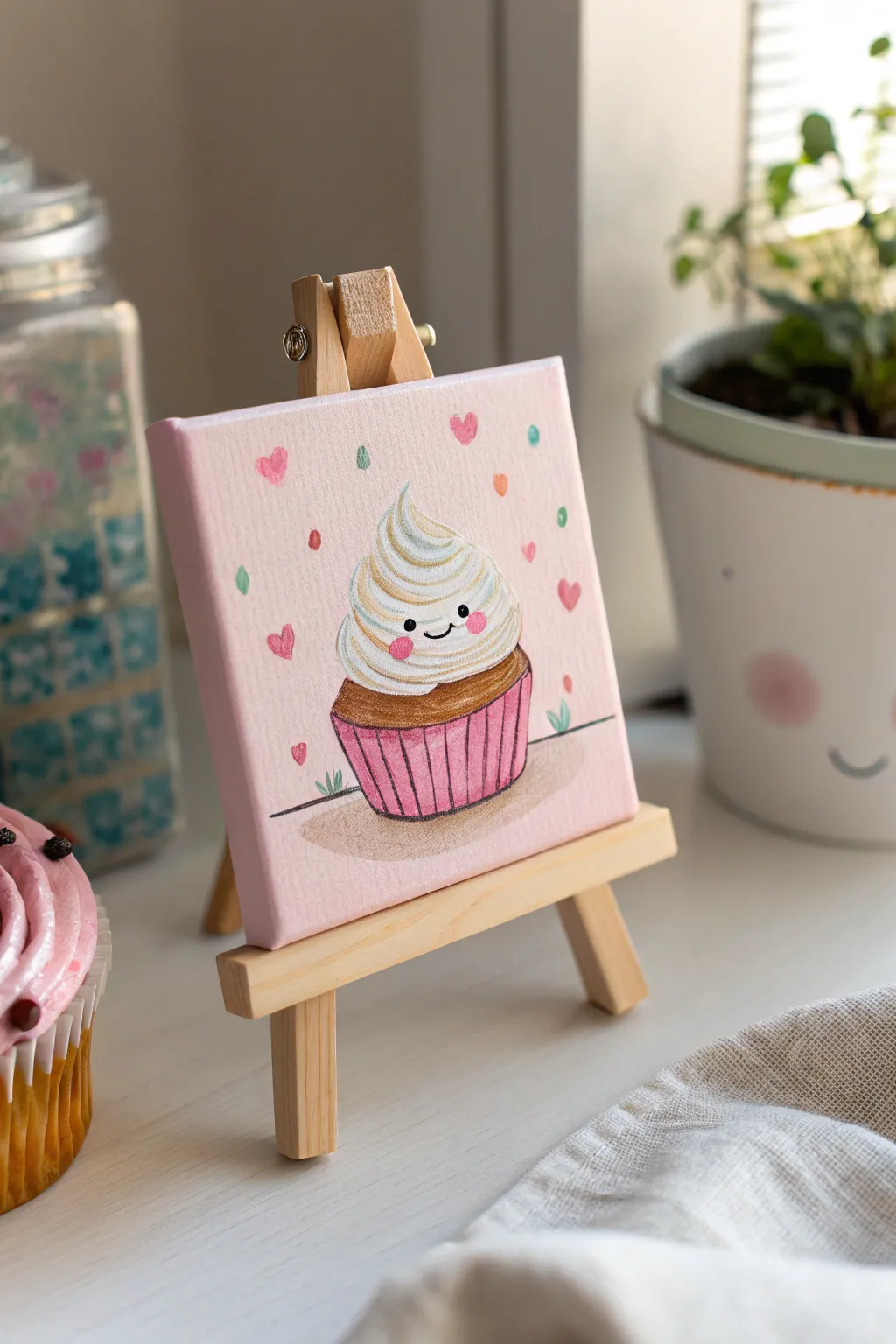 Sweet minimalist kawaii cupcake with sprinkles and a tiny smile, centered on a mini canvas