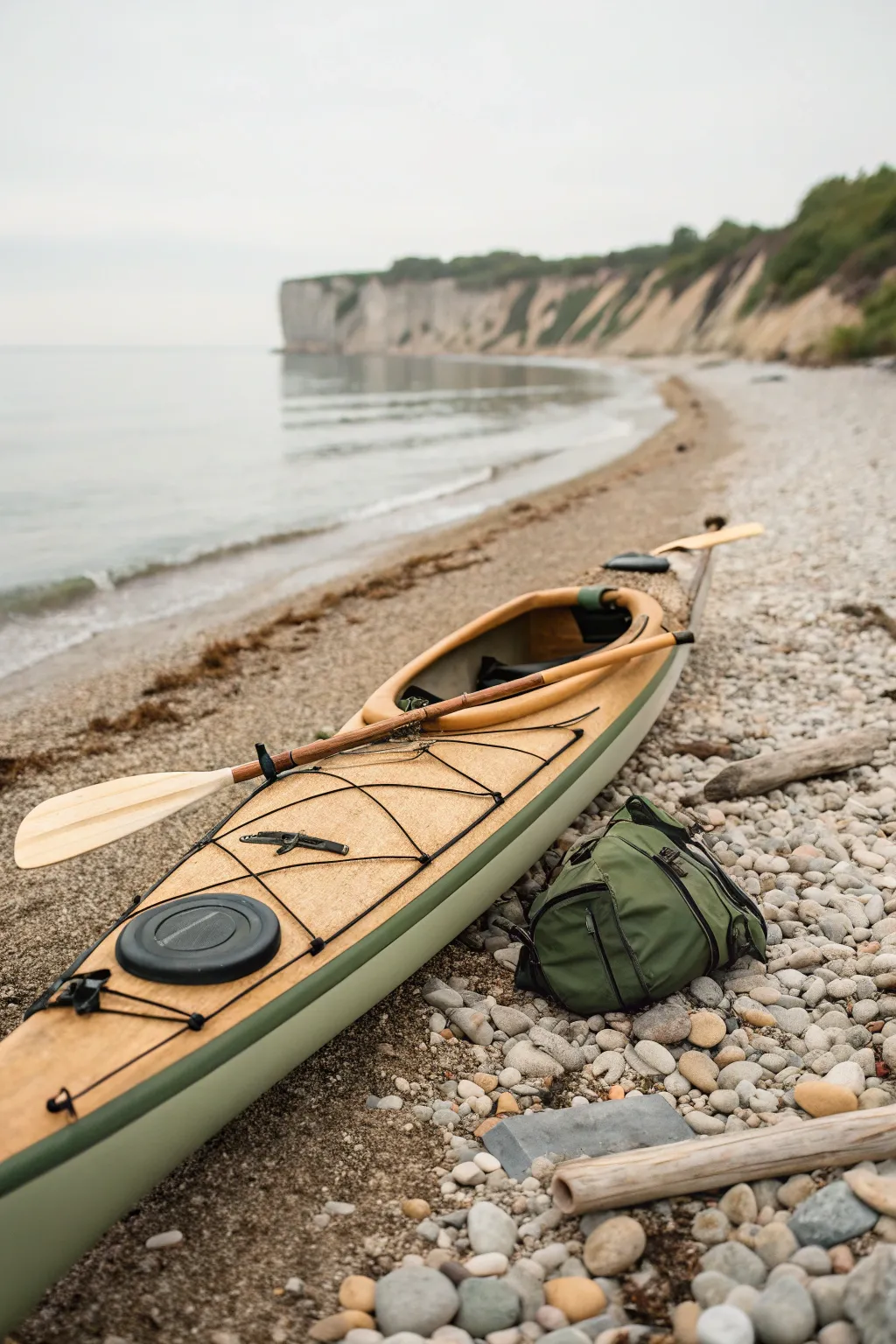 Shoreline still life: a calm beached kayak in warm light, ideal for painting studies