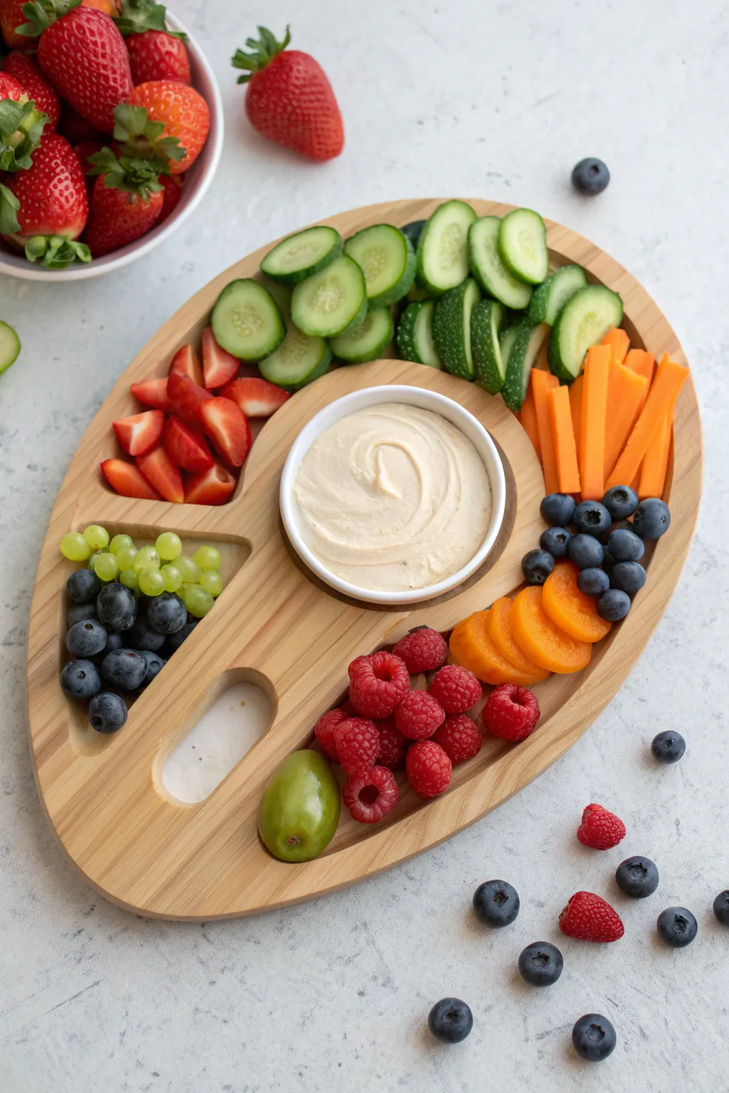 Painter palette snack board with bright fruit and veggie paint blobs, perfect for a kids paint party.