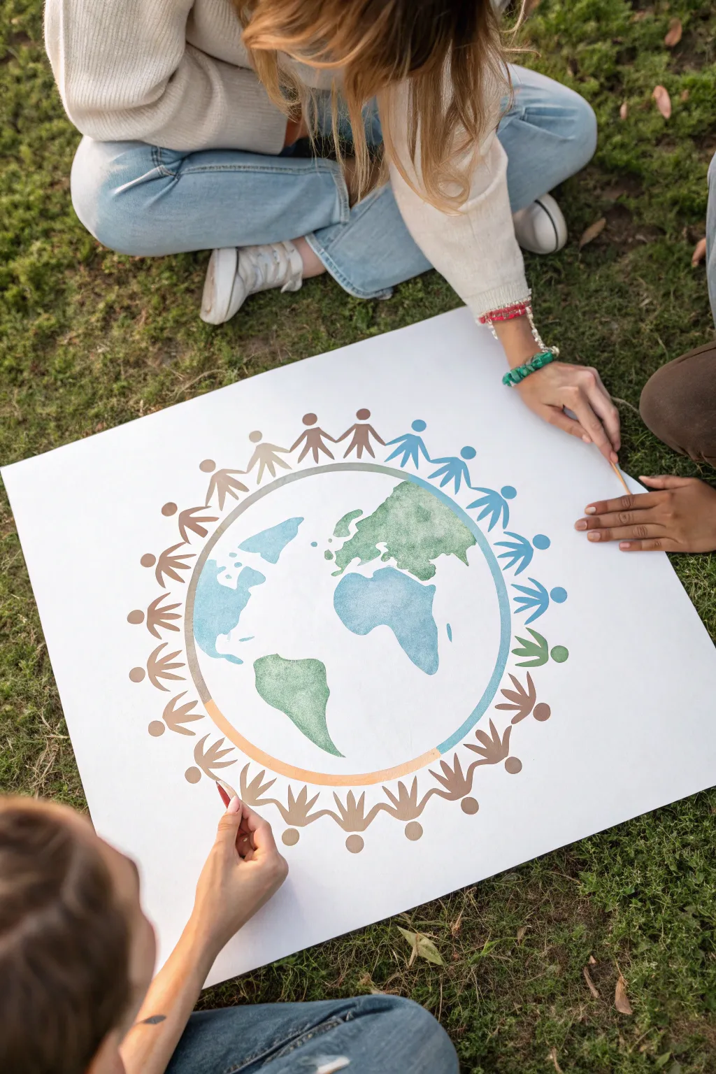 Kindness sketch idea: paper-doll hands circling Earth, minimalist and warm, for a gentle world-themed drawing.