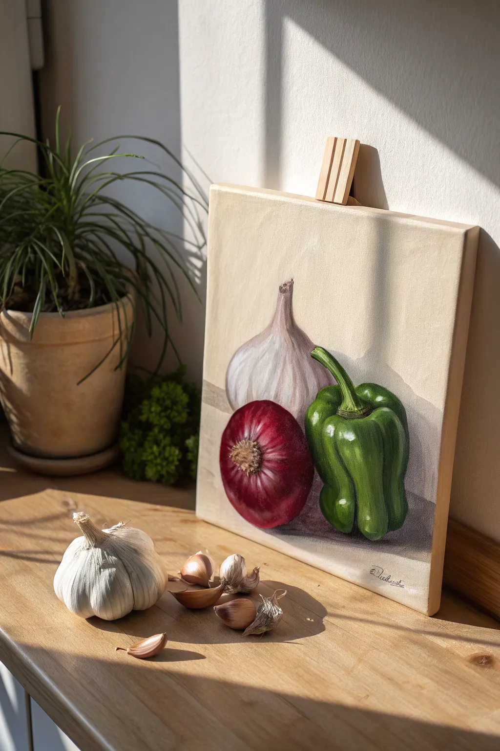 Minimalist canvas with garlic, onion and pepper, bold light and shadow for cozy kitchen art