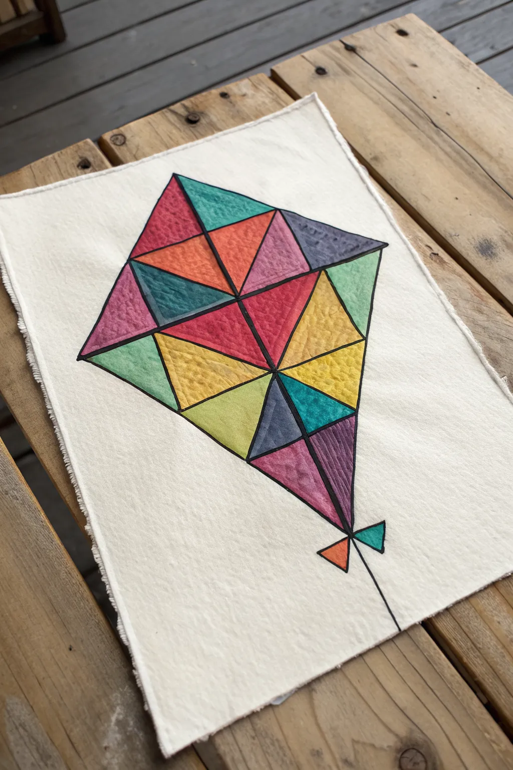 Stained-glass triangle kite with bold outlines and vivid mosaic colors, perfect for drawing practice.