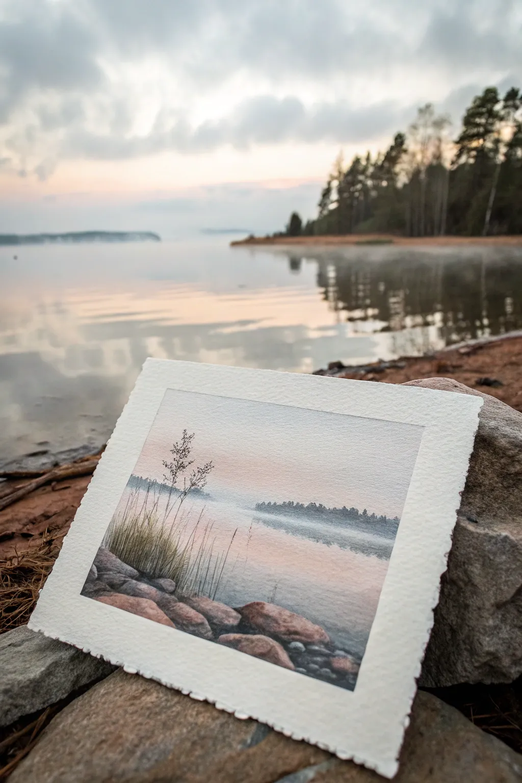Misty morning lake watercolor idea with soft edges, calm Scandinavian minimalism and a boho feel