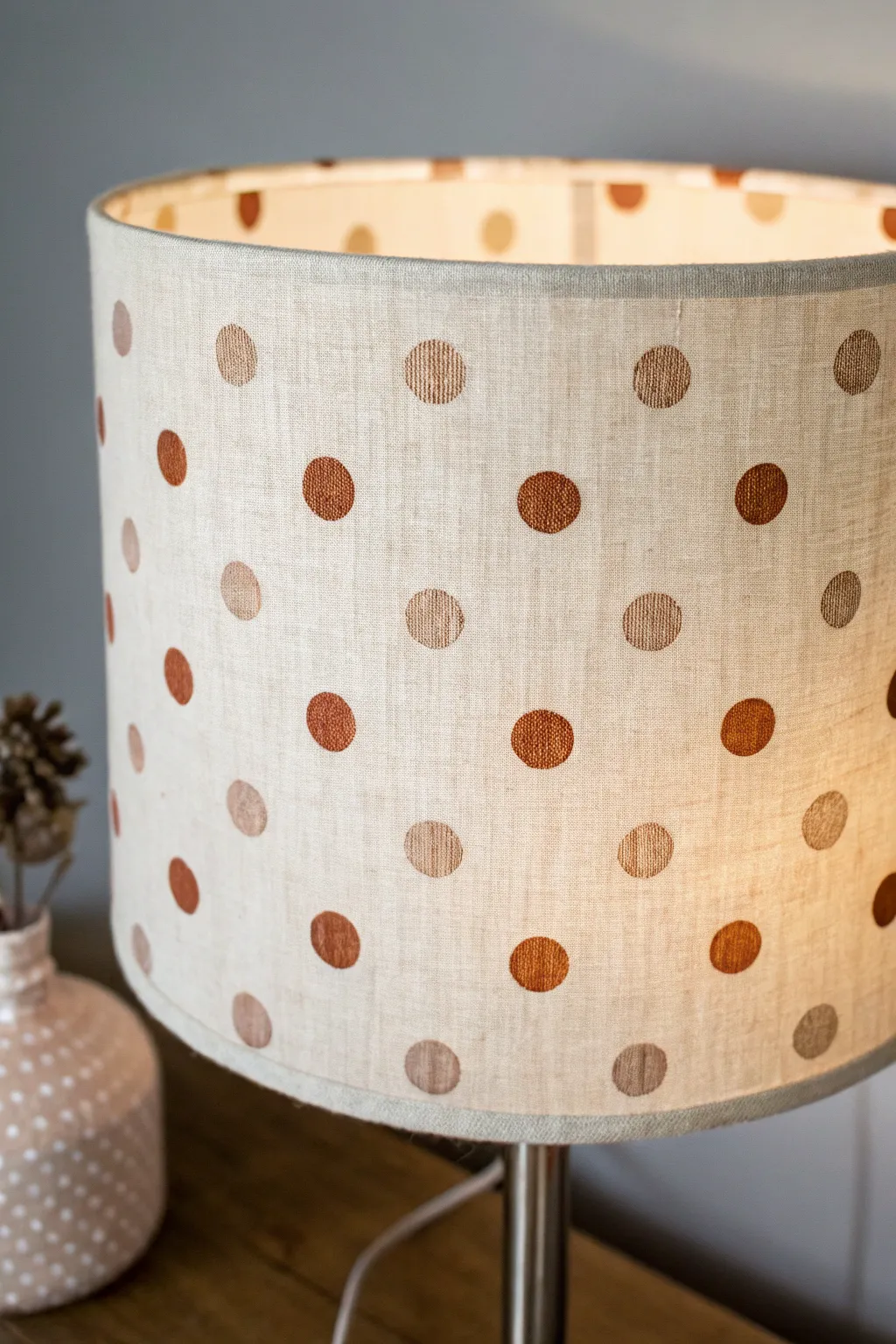 A glowing linen lampshade with simple painted polka dots for a bright, airy Scandinavian-boho vibe.