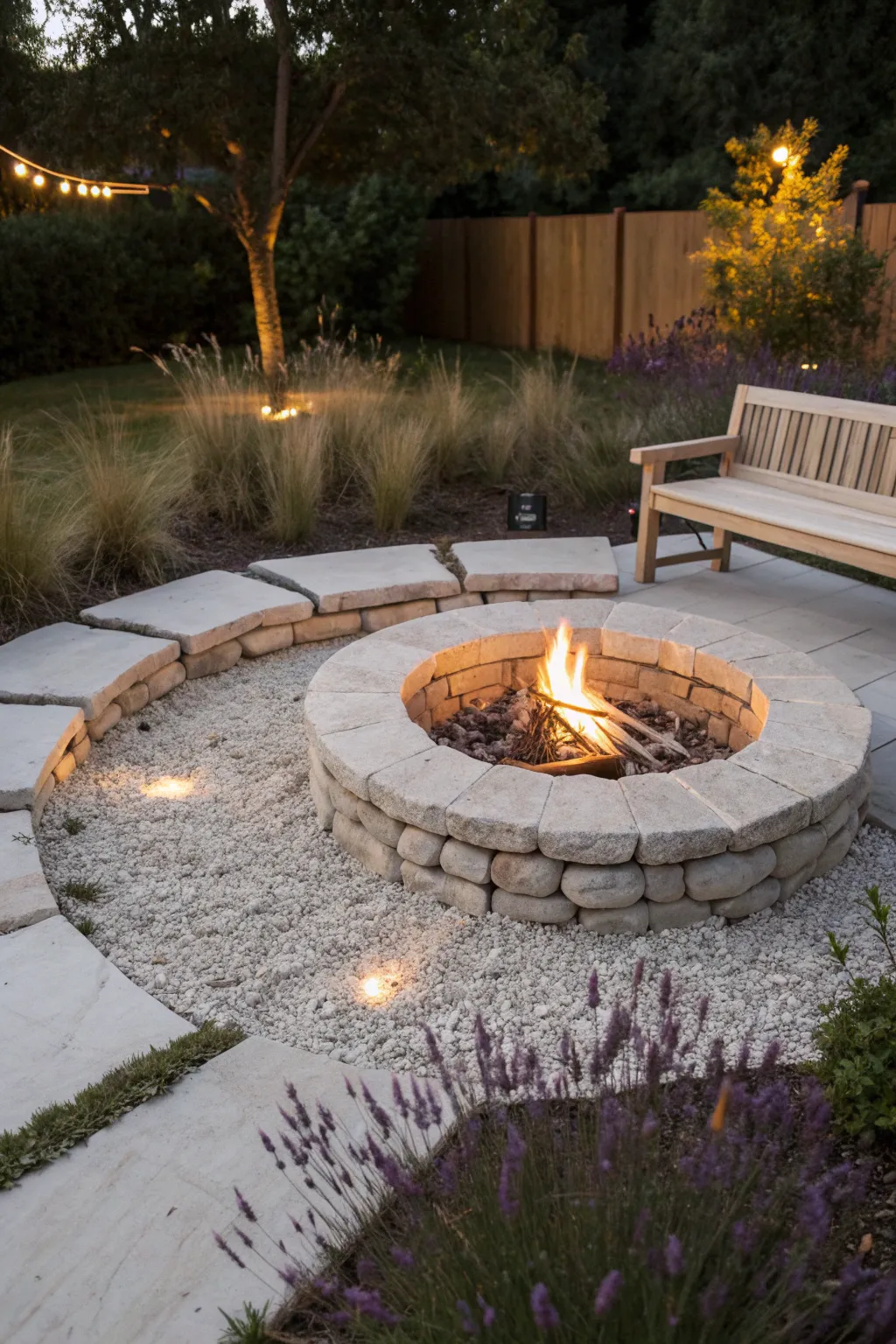 Warm dusk fire pit circle with clean gravel and greenery ring, the cozy heart of the yard