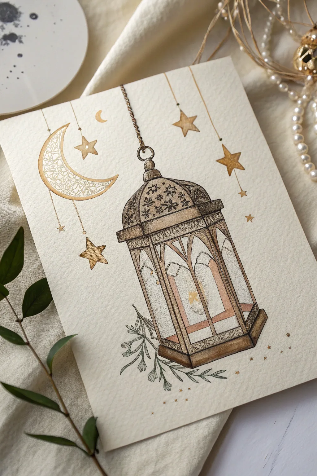Ornate Ramadan lantern drawing with star cutouts, crescent moon, and minimalist night glow