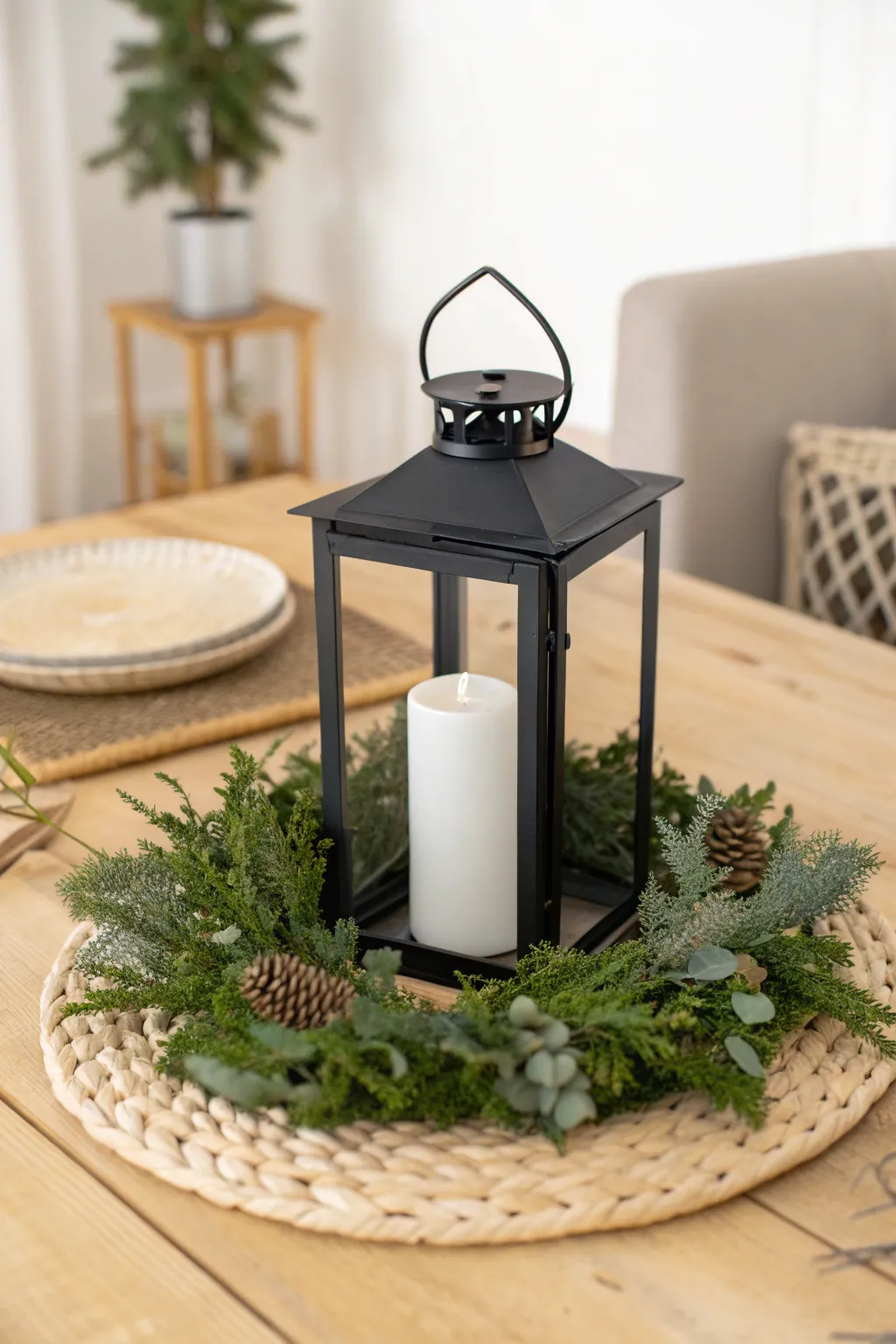A simple lantern nestled in a greenery wreath for an effortlessly elegant centerpiece.