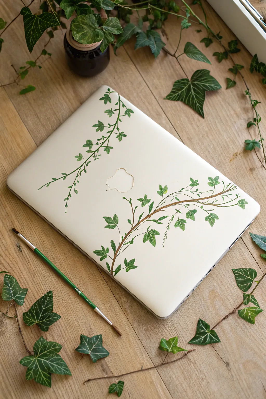 Paint delicate corner vines on your laptop lid for a minimalist botanical look with boho charm