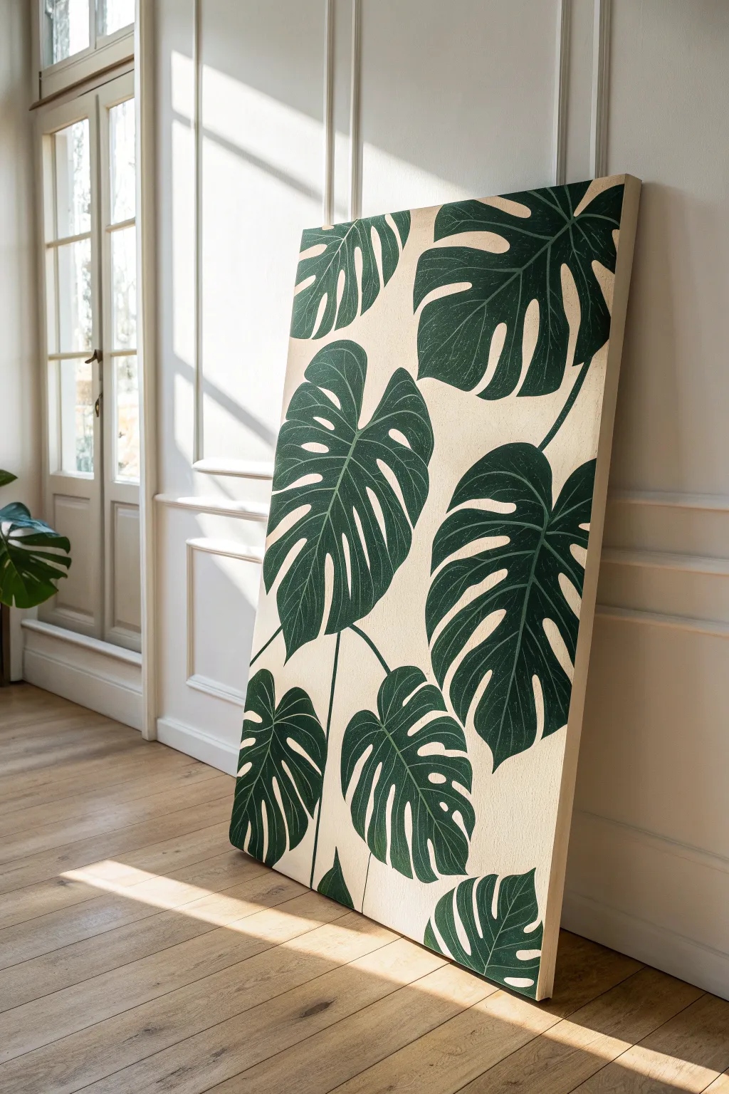 Oversized Monstera leaves with crisp, dramatic shadows for a bold large-canvas statement