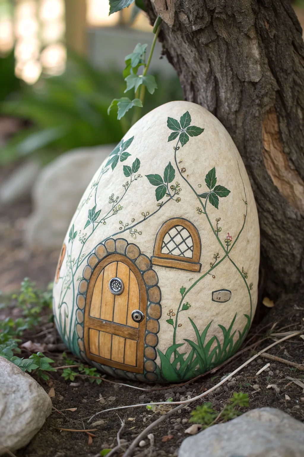 Large fairy house rock with arched door, tiny windows, and vines in a calm garden nook
