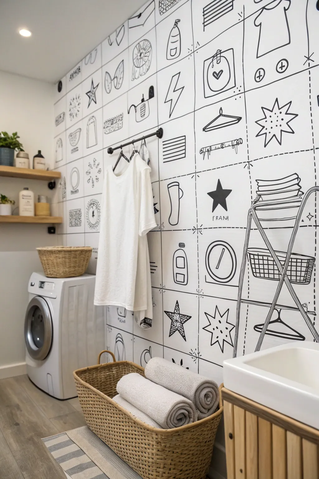 Classic black-and-white laundry doodle mural with playful icons in a clean Scandinavian grid.