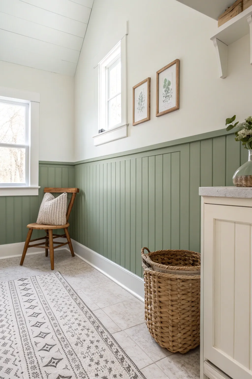 Crisp two-tone paneling brings tailored structure and calm Scandinavian style to a laundry nook.