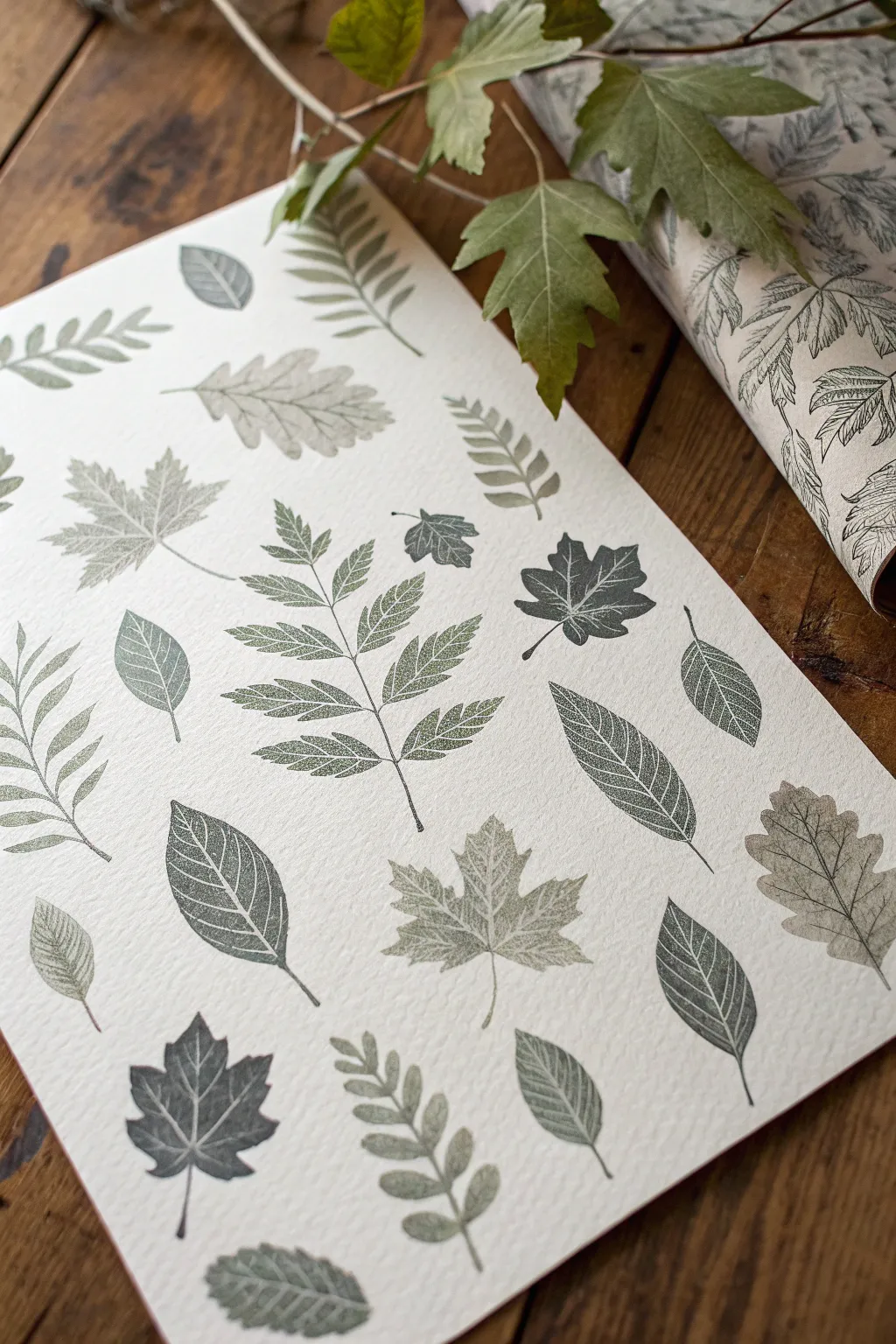All-over leaf stamp pattern on paper, minimal Nordic palette, with one real leaf for reference.