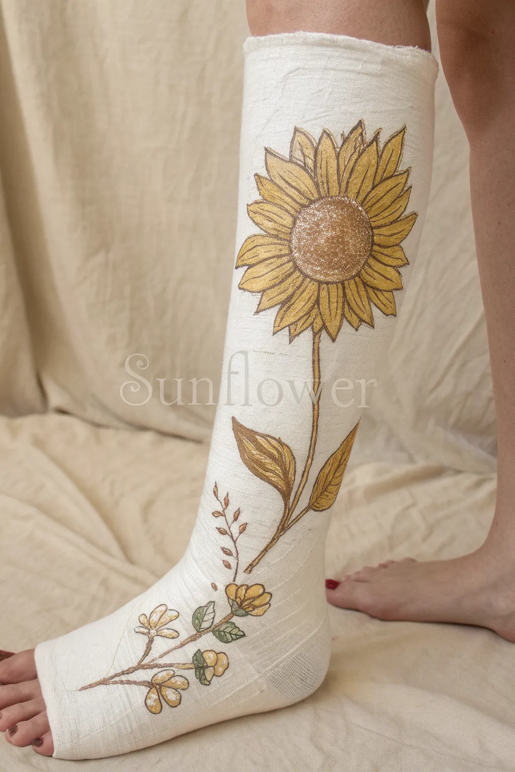 Big sunflower cast design: one bold bloom on the shin with buds and leaves drifting downward