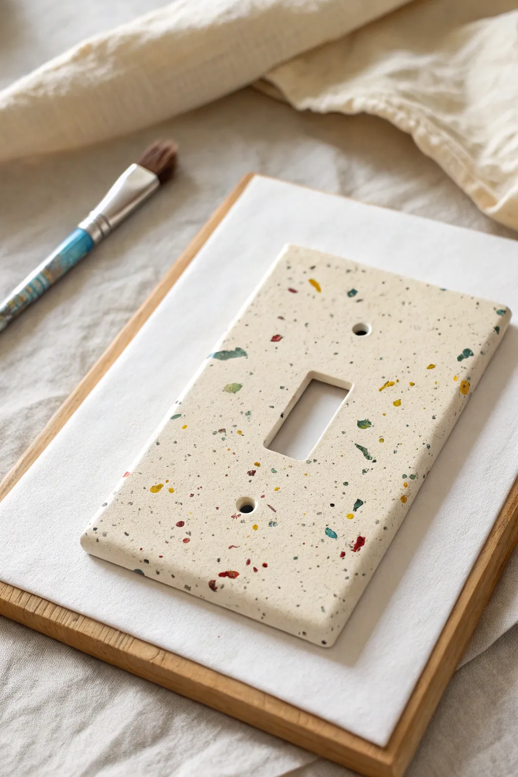 Confetti speckles add effortless texture to a neutral switch plate for a playful minimalist look