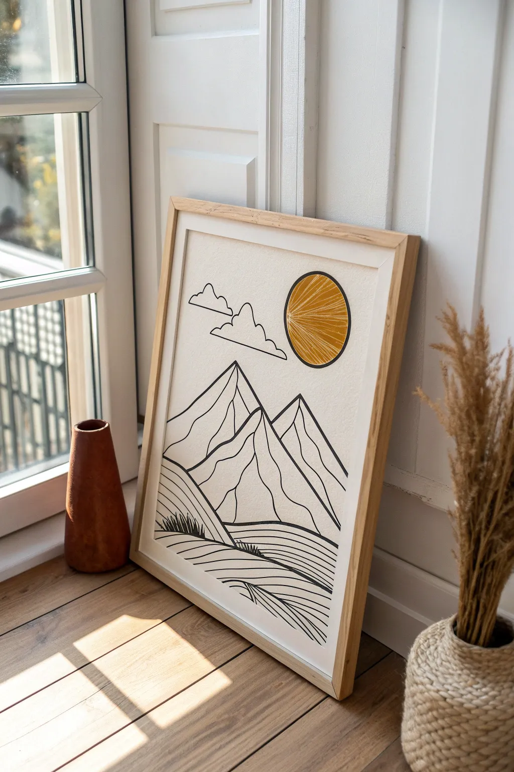 Minimal boho mountain line art with a flat rust sun, crisp contrast on warm white paper.