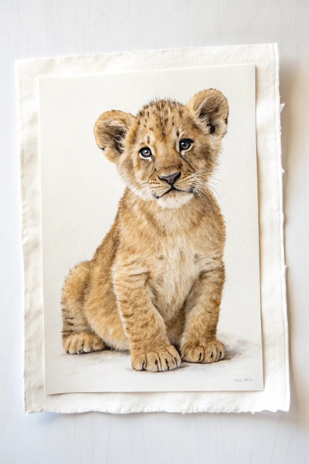 Lion cub with fluffy fur textures and oversized paws, painted in warm minimalist neutrals.