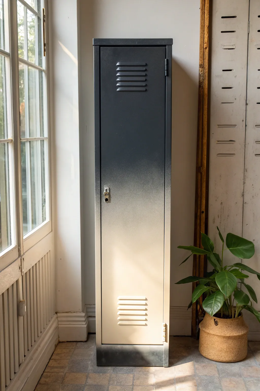 Smooth charcoal-to-cream ombre locker fade, close-up detail across the door seam