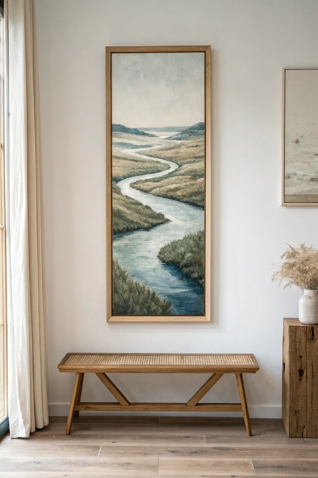 A tall river ribbon painting that guides the gaze upward, perfect above a low bench.