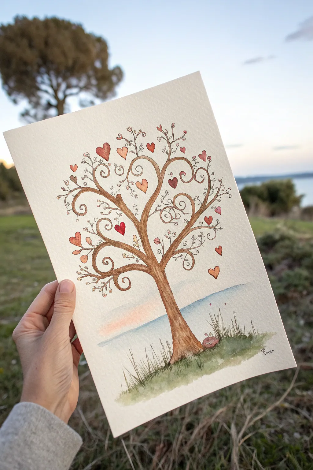 Whimsical heart-leaf tree in a minimalist sky wash, perfect for sweet love art inspiration