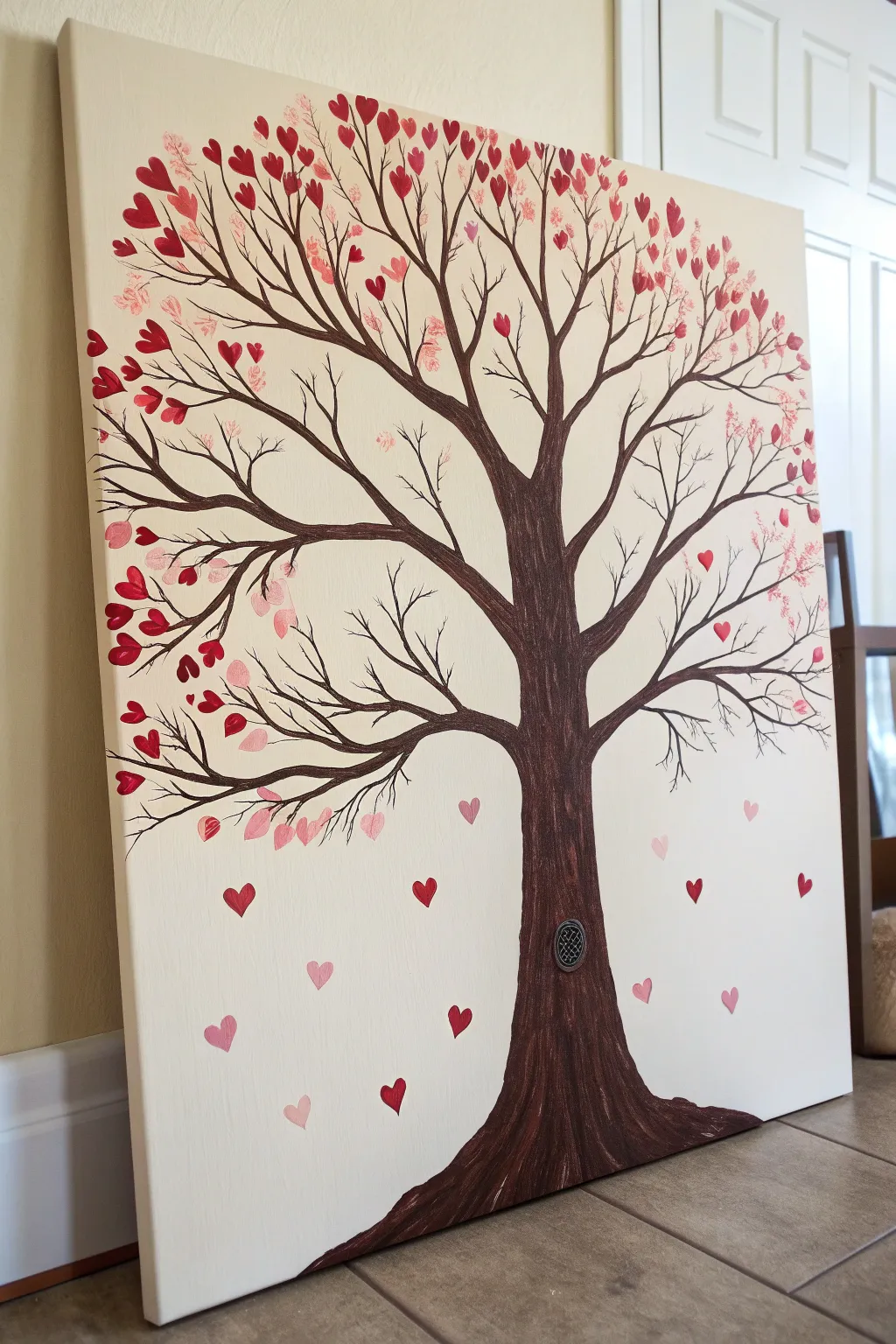 Heart tree canvas with tiny pink and red blossoms, minimalist boho romance for love art
