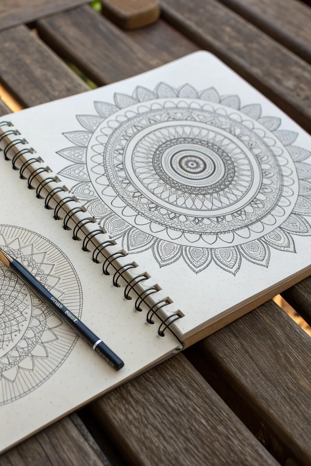 Minimal mandala in progress: teardrops with inner curls and paisley swirls, crisp contrast.