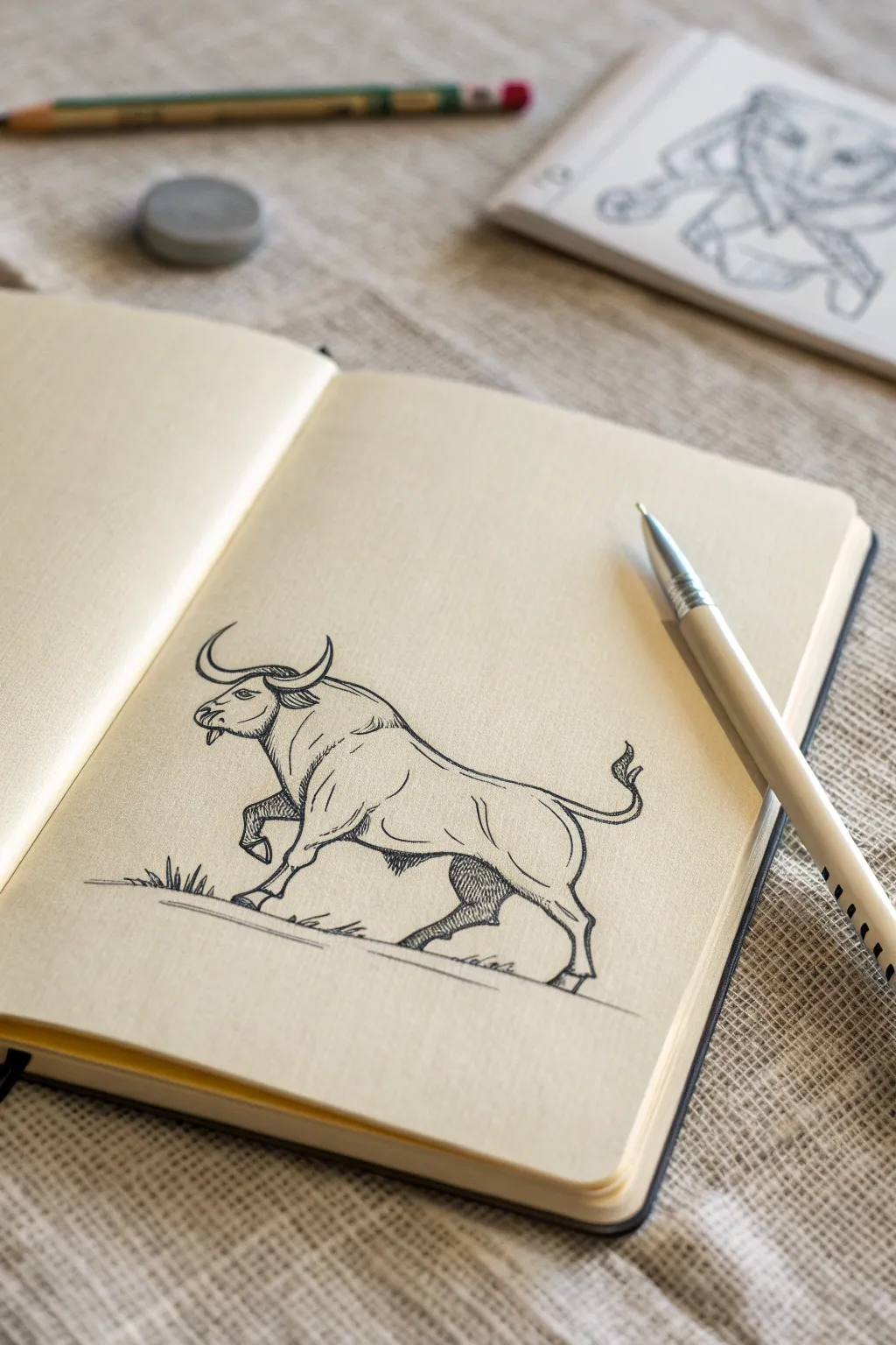 Bold bull mascot sketch with simple horns and a lively gesture study beneath on ivory paper.