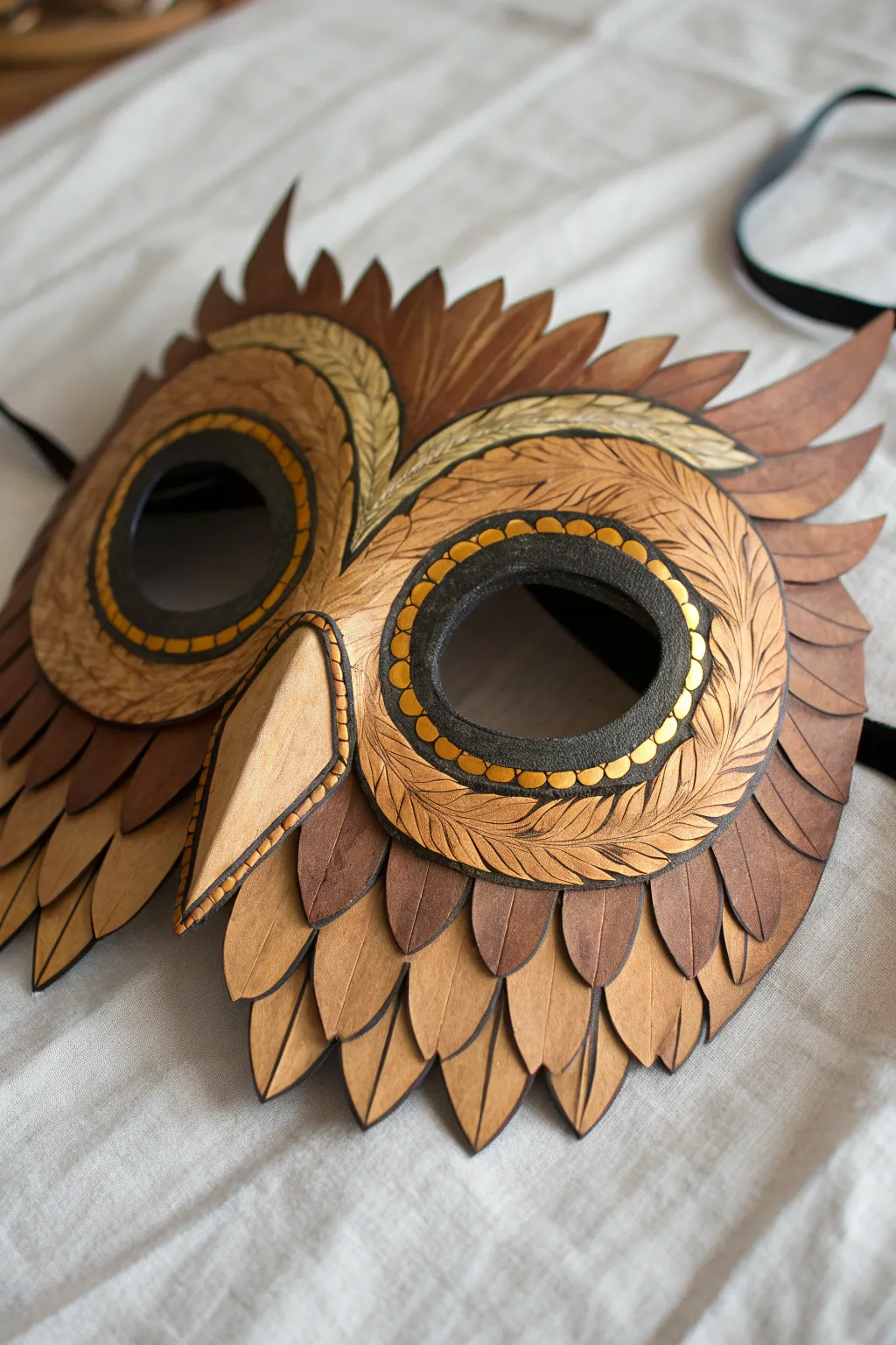 Owl mask idea with big golden eyes, layered paper feathers, and speckled earthy texture