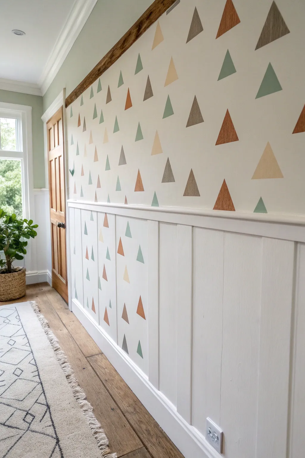 Modern triangle scatter made with masking tape lines, crisp paint pops on a calm neutral wall.